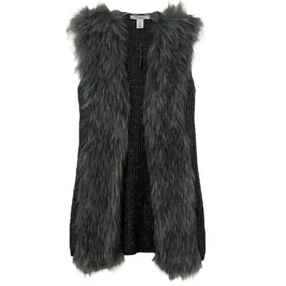 White House Black Market Faux Fur Black Shimmer Long Open Front Sweater Vest - Picture 2 of 9